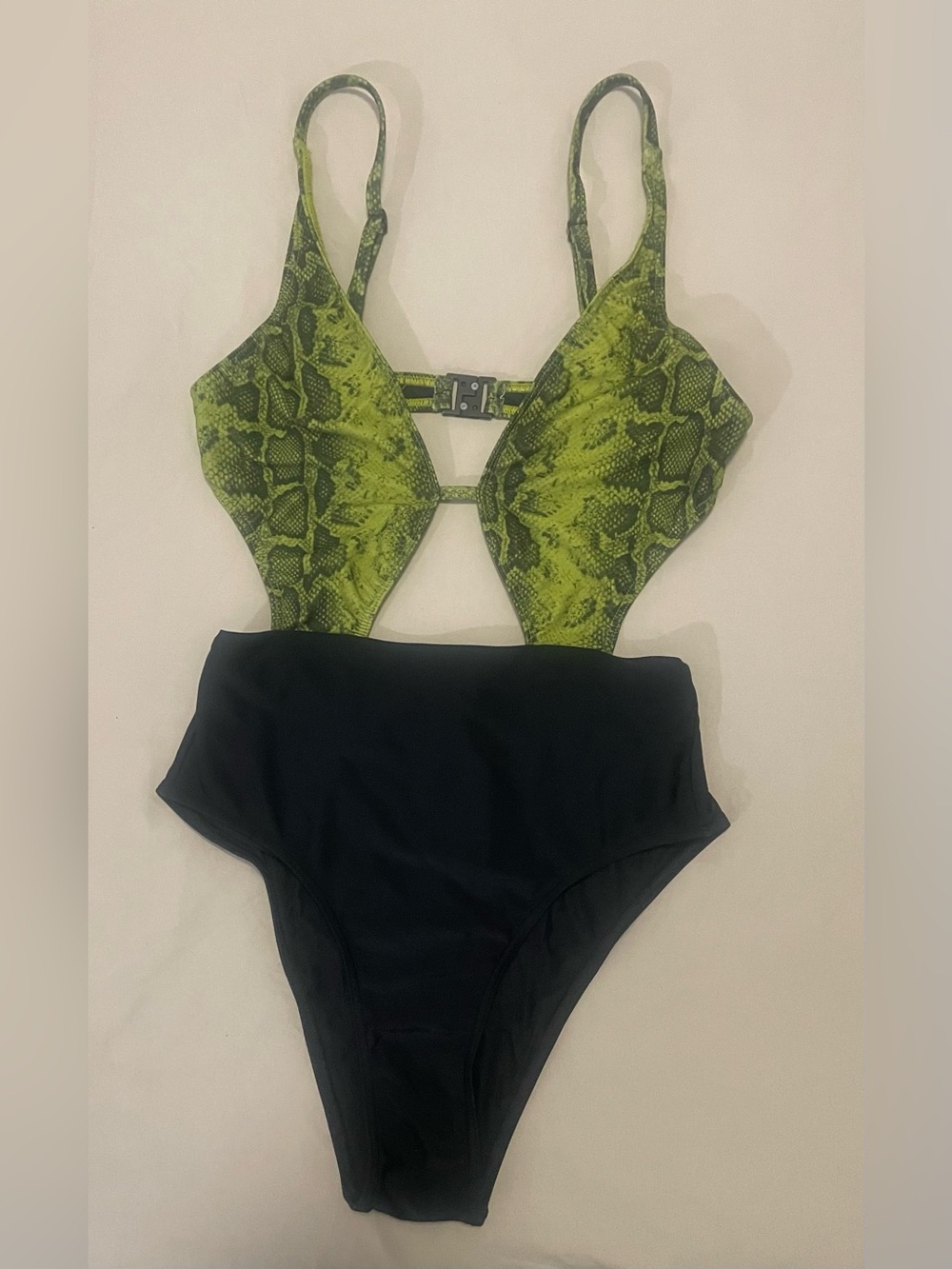AllSaints Green Snake-Print One-Piece Swimsuit with Black Bottom